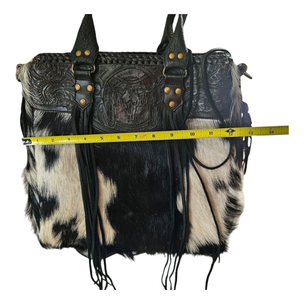 Kobler Furry Cowhide Fringed Bag Black White Tooled Leather Crossbody - Picture 11 of 12